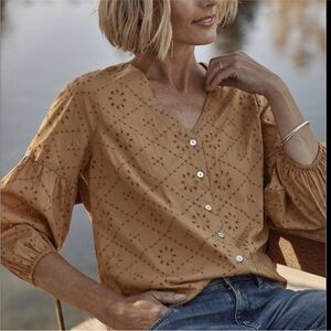 J. Jill Eyelet V-Neck Button-Front Cotton Top Brown